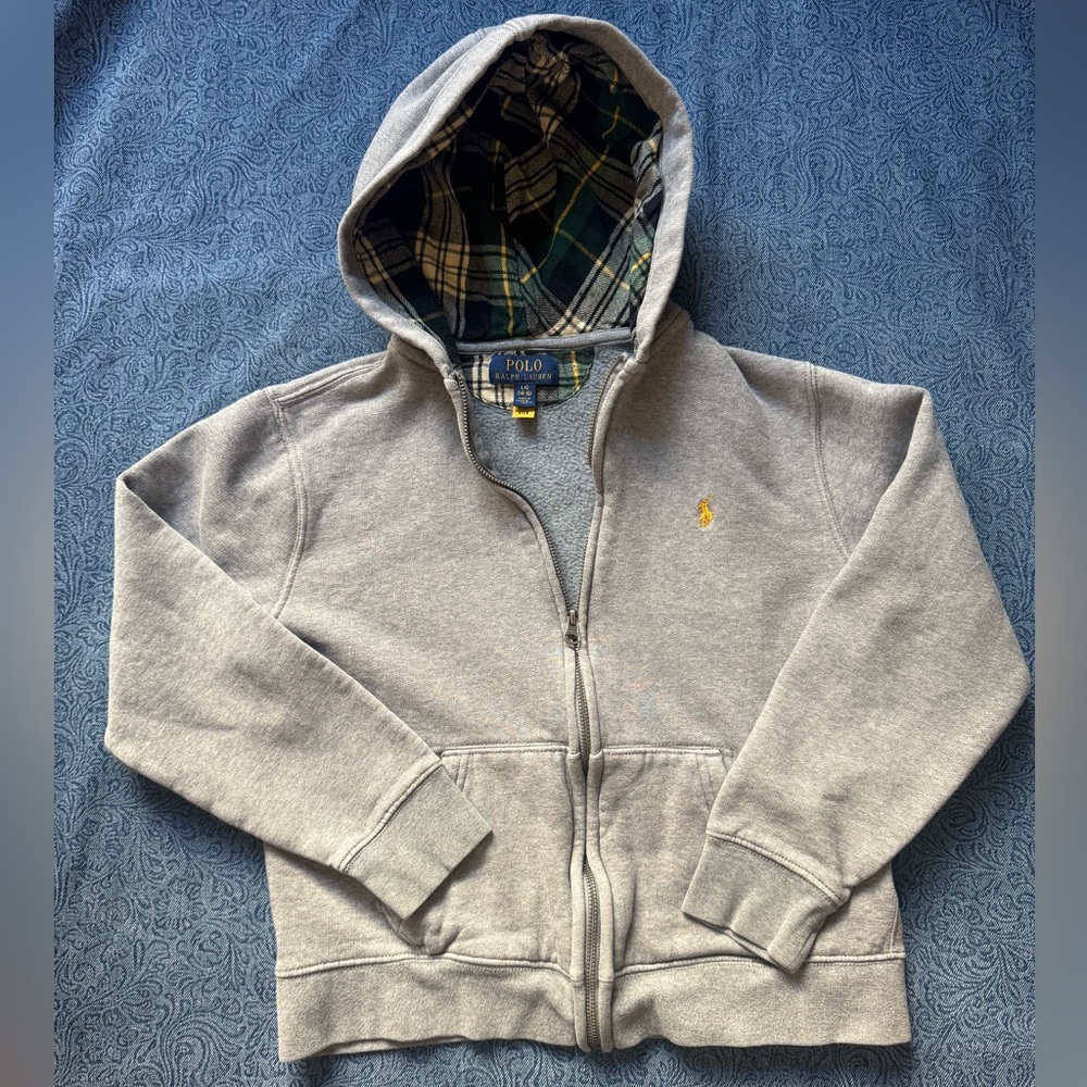 Polo Ralph Lauren Youth Grey Zip Up Hoodie Plaid Lined Yellow Pony Logo | Size L